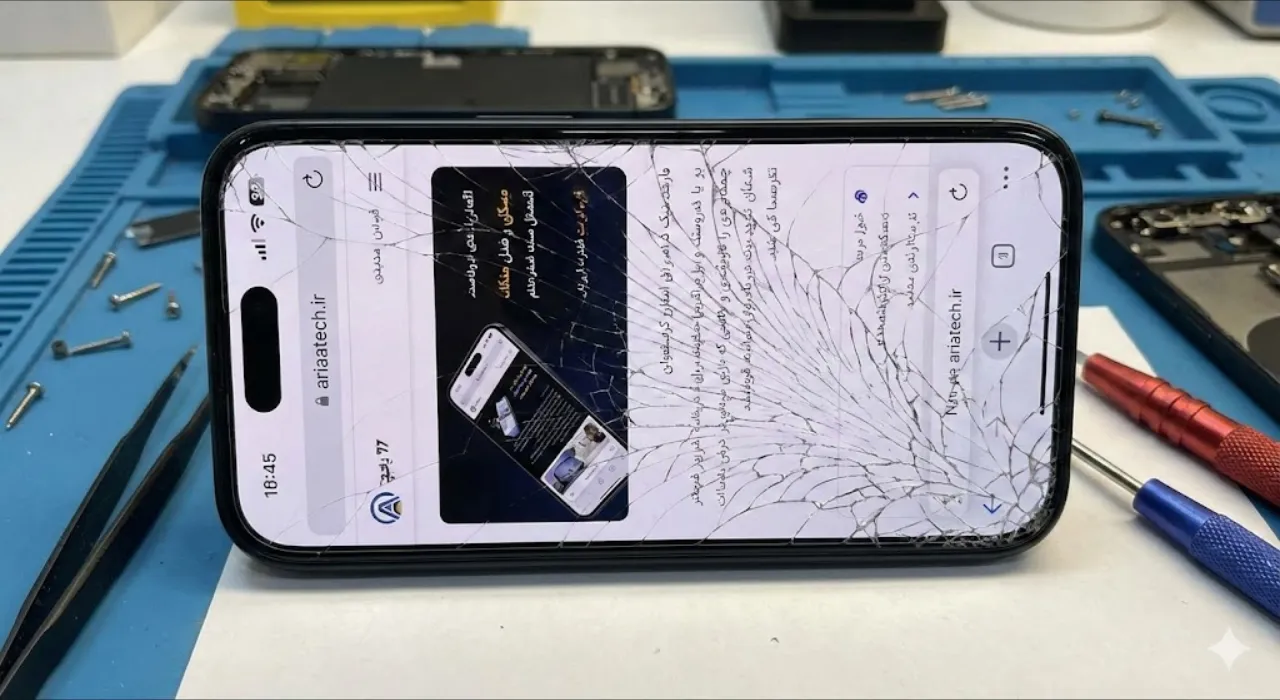 نمونه گلس ضد ضربه آیفون 15 پرو با ترک‌های ریز